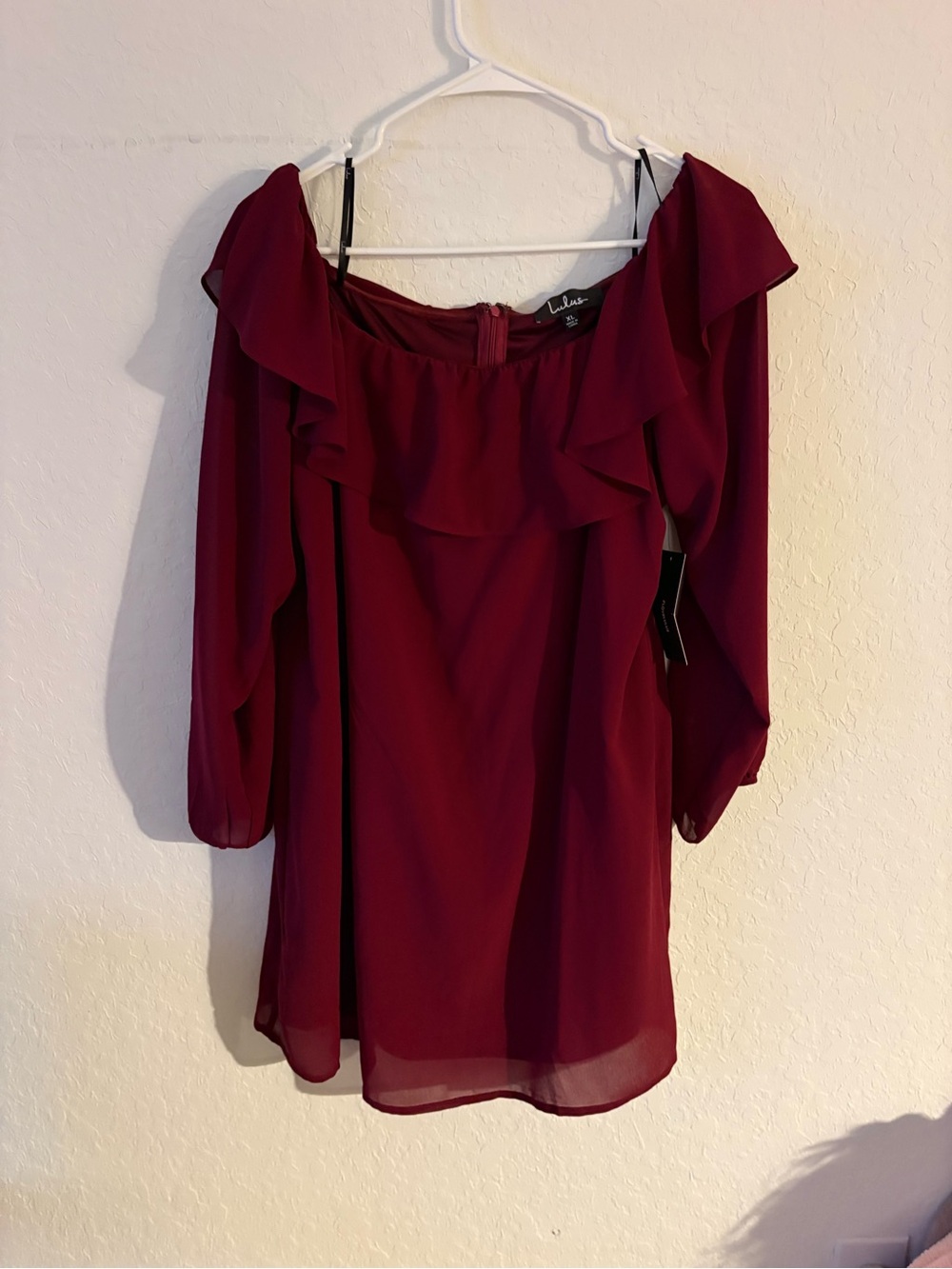 Lulu's Wine Off-Shoulder Ruffle Tunic